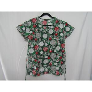 Cassandra O Christmas Scrub Top Women's S Green Red Snowflake Ornaments